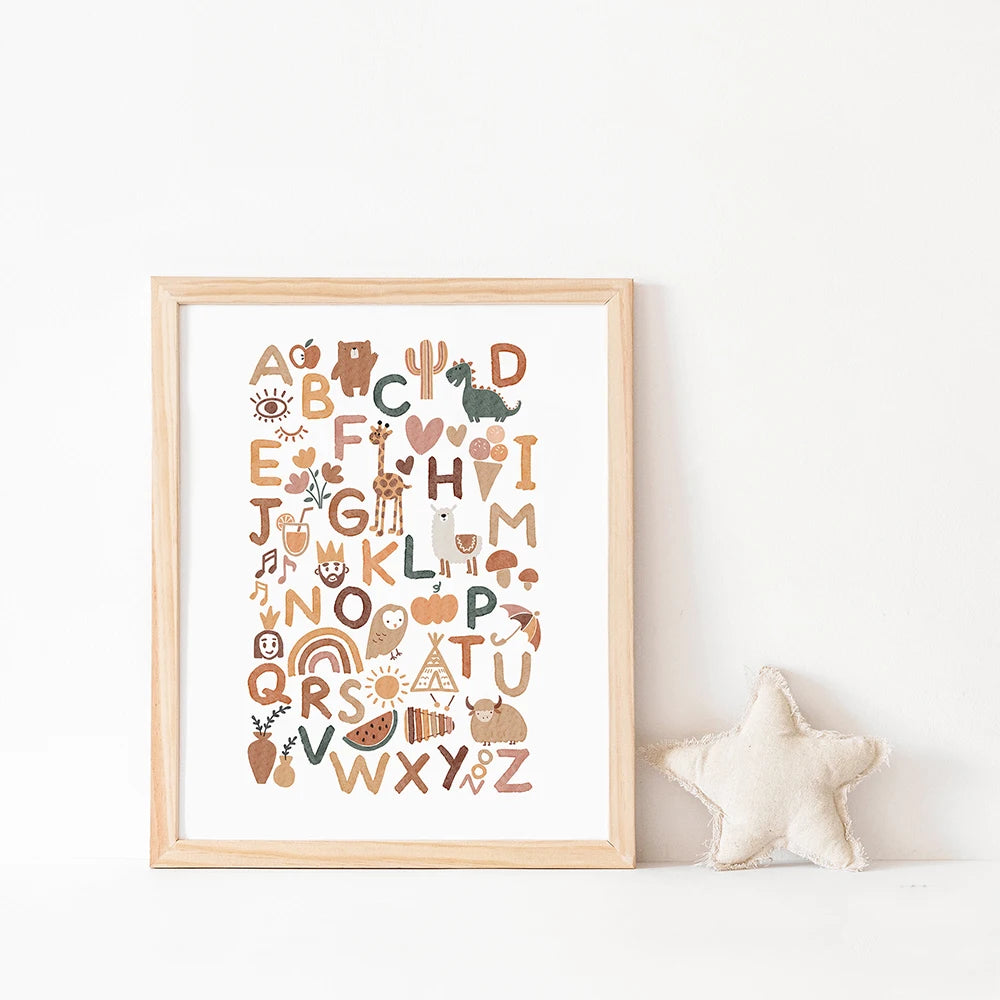 Boho Nursery ABC Alphabet Poster Wall Art Canvas Painting Print Playroom Pictures New Baby Girls Gift Kids Room Home Decoration