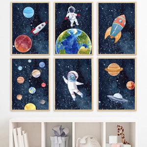 Raum Astronaut Planet Rakete Erde UFO Kinderzimmer Wand Kunst Leinwand Malerei Poster und Drucke Wand Bilder Baby Kinder Zimmer Dekor