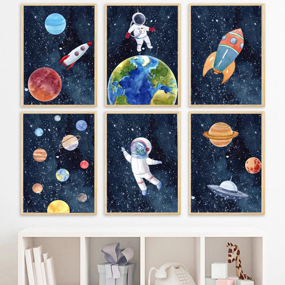 Raum Astronaut Planet Rakete Erde UFO Kinderzimmer Wand Kunst Leinwand Malerei Poster und Drucke Wand Bilder Baby Kinder Zimmer Dekor