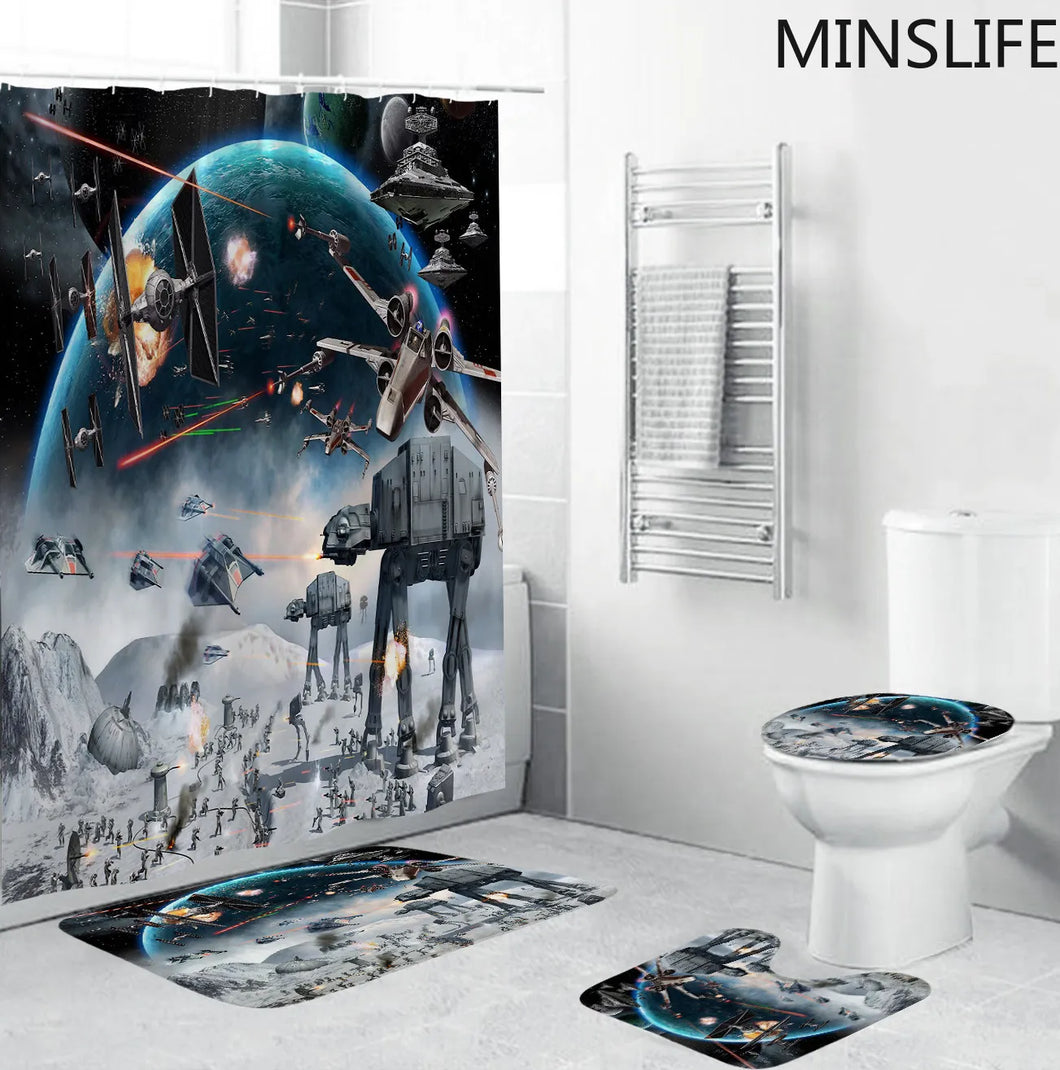 Rideau de douche à motif imprimé Star Alien Wars, 180x180cm, tapis sur pied, couvercle de toilette, ensemble de tapis de bain antidérapant, décor de salle de bain