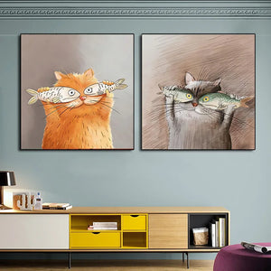 Nordic Modern Wall Art Canvas Painting Cartoon Cat With Fish Posters And Prints For Kids Room Cute Animal Hom Decoration