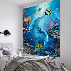 Tapiz de dibujos animados para colgar en la pared, fondo de tela, mundo submarino, decoración del hogar, manta, delfín, colgante de pared, decoración kawaii para dormitorio