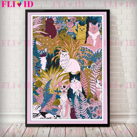 Vintage Cat Cartoon Animal Flower Plant Nordic Poster Wall Art Canvas Painting Immagini a parete per soggiorno Home Decor senza cornice