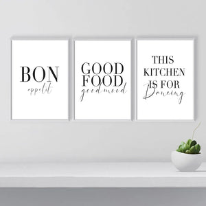 Minimalista Buon cibo Buon umore Buon appetito Citazioni Tela Pittura Nero Bianco Wall Art Poster Stampa Immagini Cucina Decorazioni per la casa