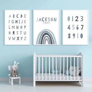 Nombre personalizado del bebé, fecha de nacimiento, arcoíris, cuadro sobre lienzo para pared, póster impreso, imágenes, regalo para la decoración del hogar de la habitación del bebé