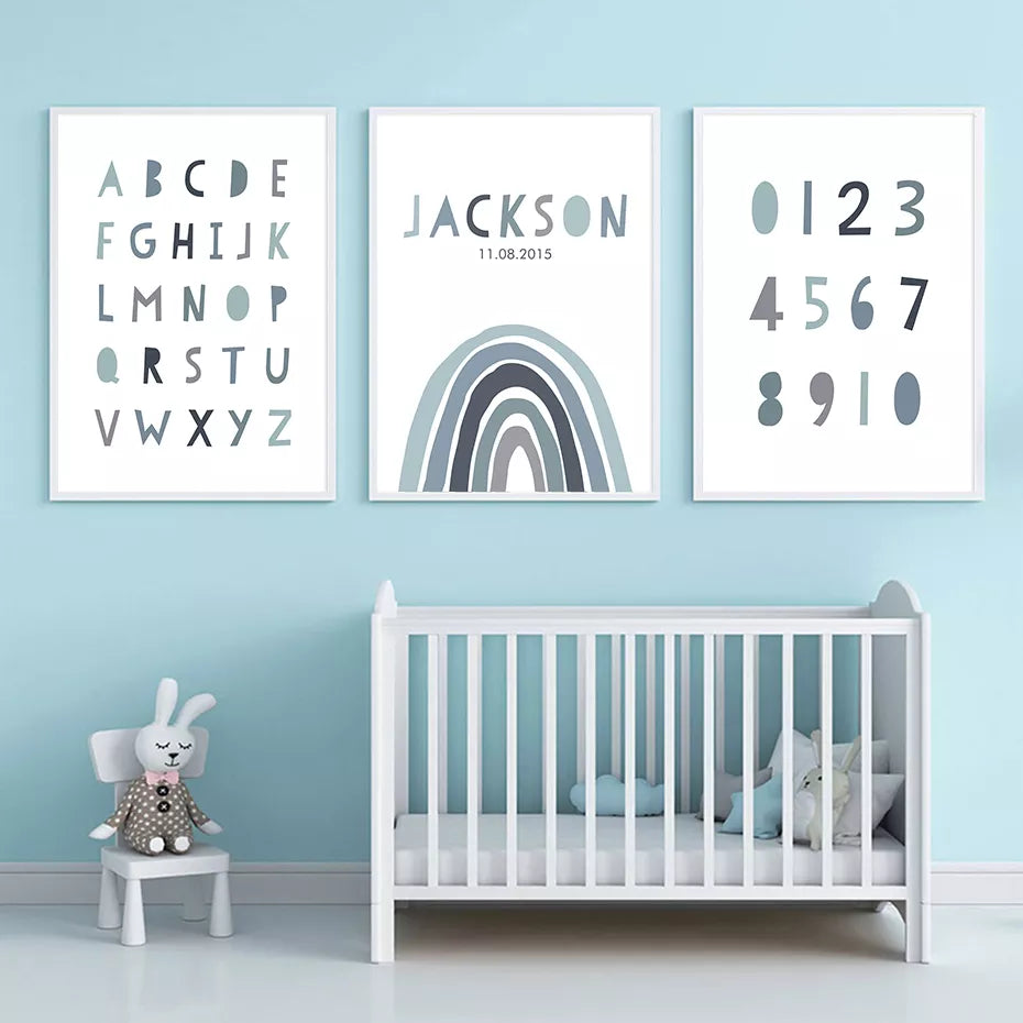 Nombre personalizado del bebé, fecha de nacimiento, arcoíris, cuadro sobre lienzo para pared, póster impreso, imágenes, regalo para la decoración del hogar de la habitación del bebé