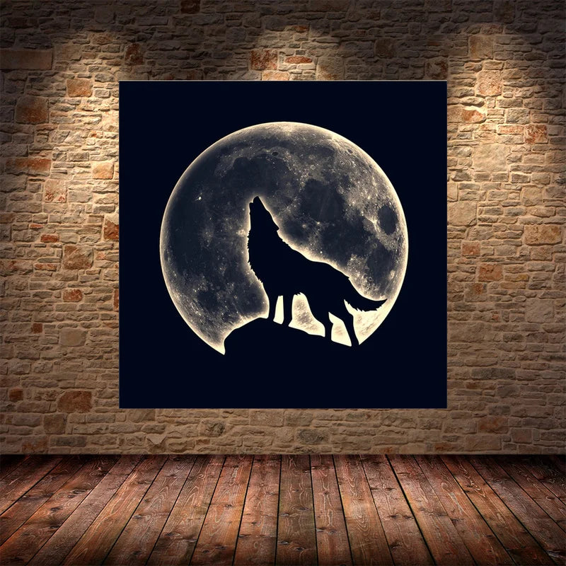 Abstarct-pintura en lienzo de animales salvajes, Luna luminosa, lobo blanco y negro, carteles impresos, imágenes artísticas de pared para decoración del hogar y la sala de estar