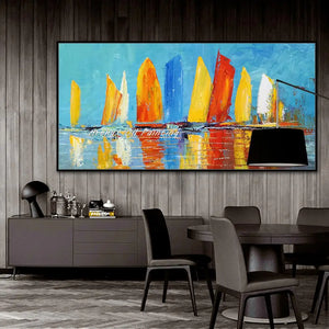 Arthyx Hand Made Texture Abstract Boat Landscape Oil Painting On Canvas,Modern Wall Art,Pictures For Living Room,Home Decoration