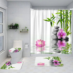 Ensemble de rideau de douche en bambou vert Zen, orchidée de Lotus rose, pierre grise, paysage de Spa, décor de salle de bains, tapis antidérapant, tapis de bain, couverture de toilette