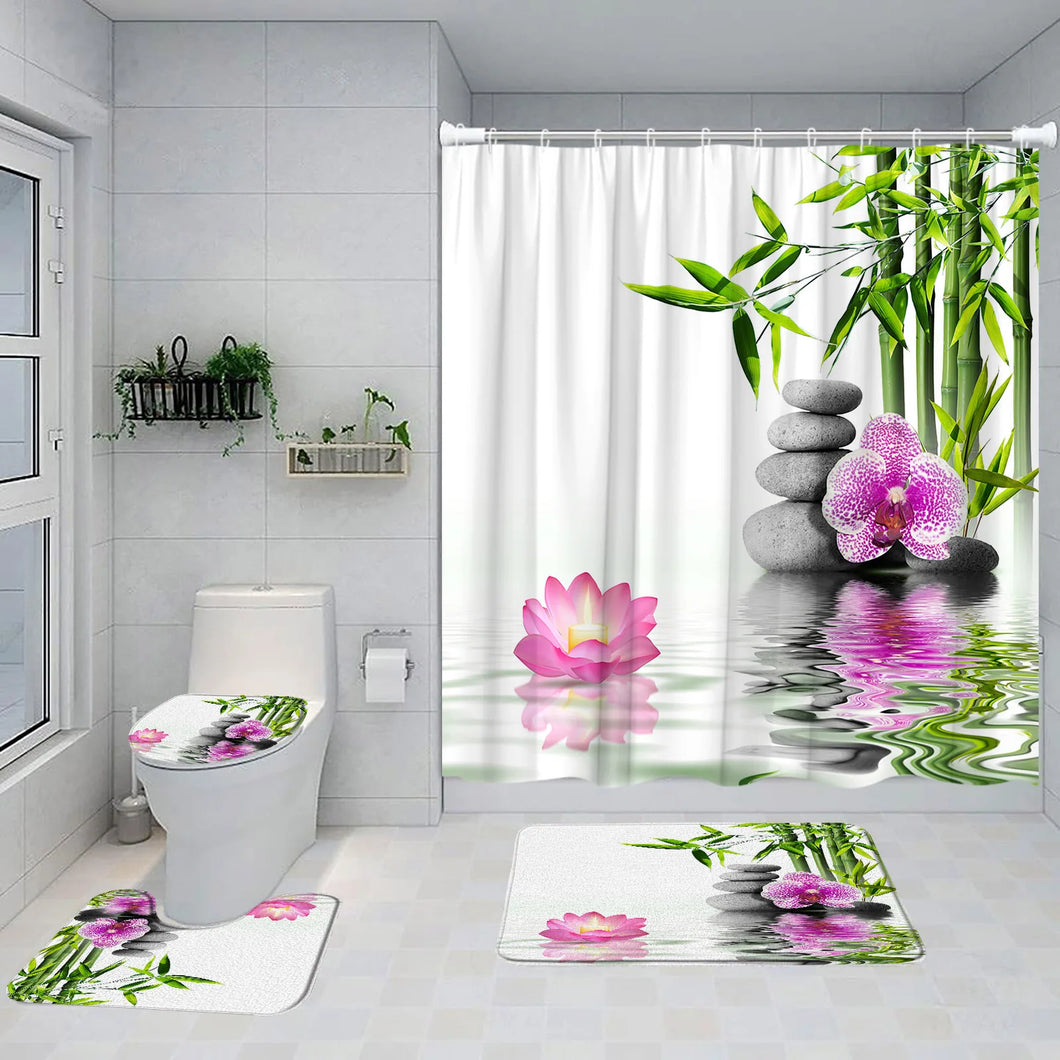 Zen grüner Bambus-Duschvorhang-Set, rosa Lotus-Orchidee, grauer Stein, Spa-Landschaft, Badezimmer-Dekor, rutschfester Teppich, Badematten, Toilettenbezug