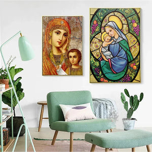 Pintura de diamante 5D religiosa Madonna Jesús, bordado de diamantes, mosaico DIY, punto de cruz redondo completo, decoración del hogar, promoción
