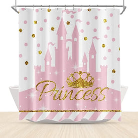 Pink Gold Shower Curtain Princess Castle Dotted Bathroom Bath Curtains Waterproof Durable,Girl Bathtub Stalls Clawfoot Tub Decor