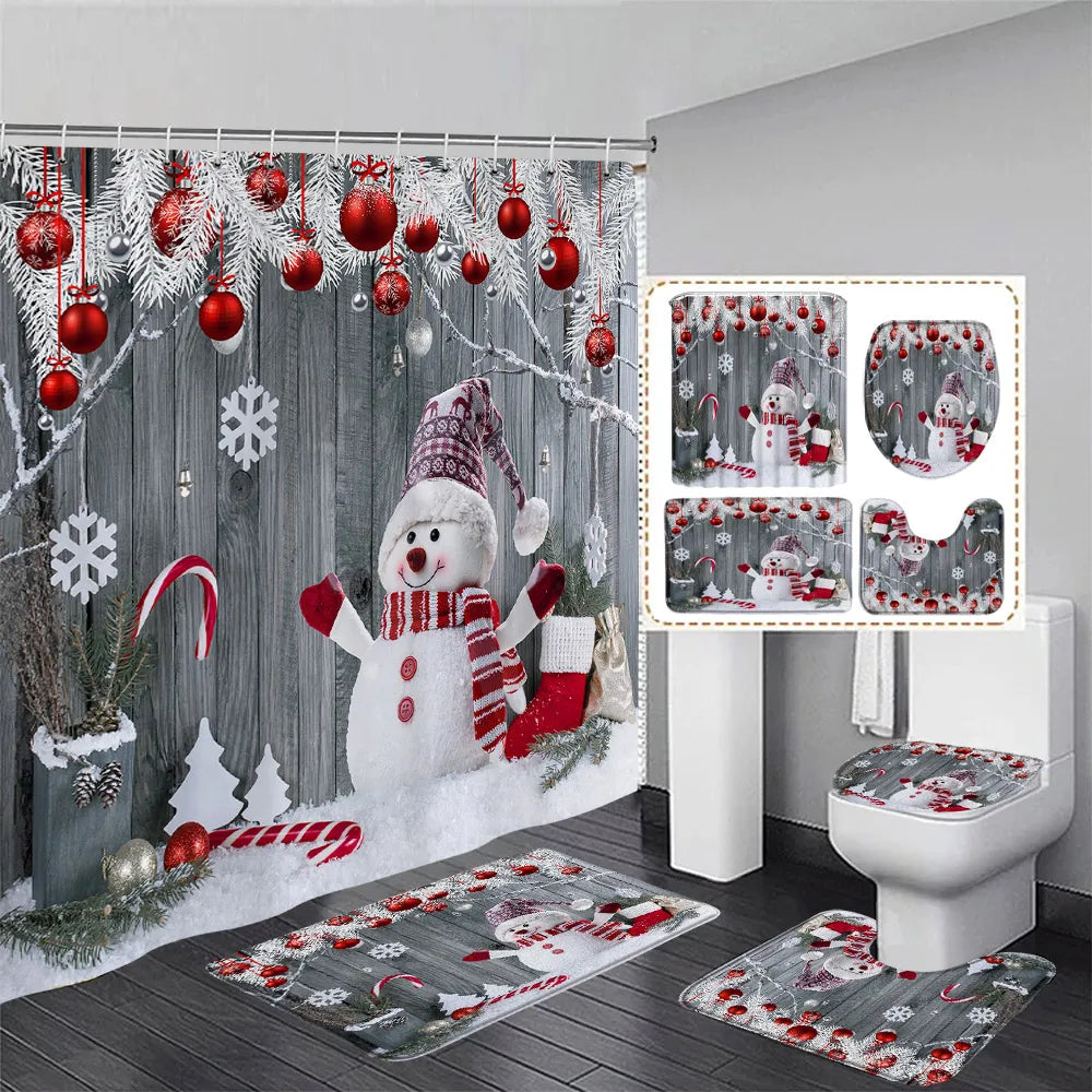 Niedlicher Schneemann-Weihnachts-Duschvorhang-Set, silberne Tannenzweige, Schneeflocken-Weihnachtskugeln, Badezimmer-Dekor, Teppich, Badematte, Toilettendeckelbezug