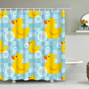 Tenda da doccia con anatra personaggio dei cartoni animati che fa il bagno con gocce colorate sullo sfondo, tende da bagno in tessuto con ganci