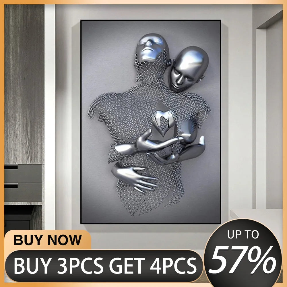 Pintura artística 3D de corazón de amor gris sobre lienzo, figura de Metal, estatua, carteles artísticos e impresiones, imágenes de pared para decoración del hogar y sala de estar