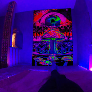 Tapiz fluorescente UV fluorescente psicodélico hongo colgado en la pared hippie decoración de la habitación estética