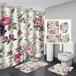 Ensemble de rideau de douche imprimé, fleurs roses, élégant, imperméable, pour femmes, salle de bain, piédestal, couvercle, tapis cortina ducha
