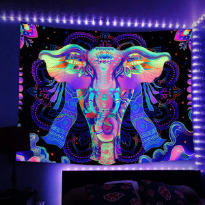 Tapiz de elefante con Mandala fluorescente reactivo UV, Hippie, psicodélico, calavera, cielo estrellado, tela para colgar en la pared, decoración Bohemia para la habitación del hogar