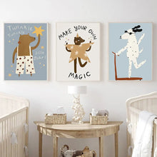 Cargar imagen en el visor de la galería, Scooters divertidos, perro manchado, oso, conejo, pato, cuadro sobre lienzo para pared, carteles nórdicos, impresiones, imágenes para guardería, decoración para habitación de bebés y niños
