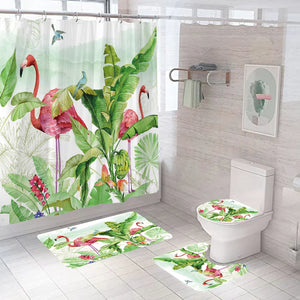 Rosa Flamingo-Druck-Duschvorhang, dekorativer Badewannen-Vorhang, nordisches WC-Trennwand-Badematten-Set, Badezimmer-Zubehör