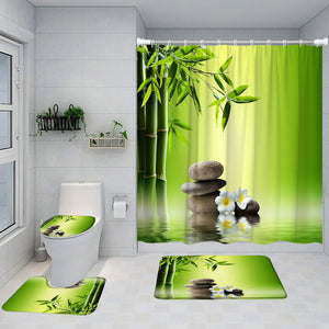 Zen Green Bamboo Shower Curtain Set Pink Lotus Orchid Grey Stone Spa Scenery Bathroom Decor Non-Slip Rug Bath Mats Toilet Cover