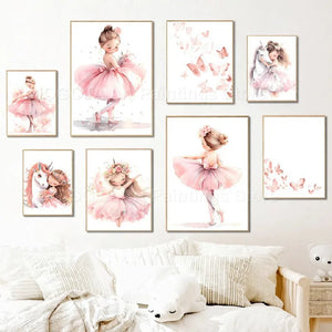 Cuadro sobre lienzo para pared carteles nórdicos e impresiones de imágenes para decoración de habitación de bebés y niños, unicornio, bailarina, mariposa, color rosa