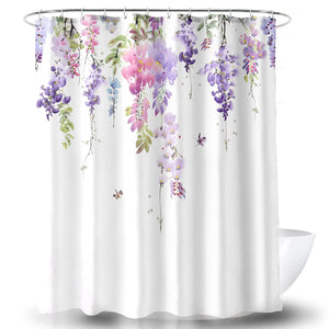 Cortina de ducha de lavanda, cortinas de baño de plantas de flores moradas rústicas, tela de poliéster impermeable, decoración de bañera con ganchos