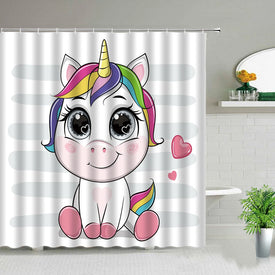 Creative Cartoon Unicorn Pink Girl Cute Shower Curtain Windproof Bathroom Layout Home Decoration with 12 Hooks Bath Curtain