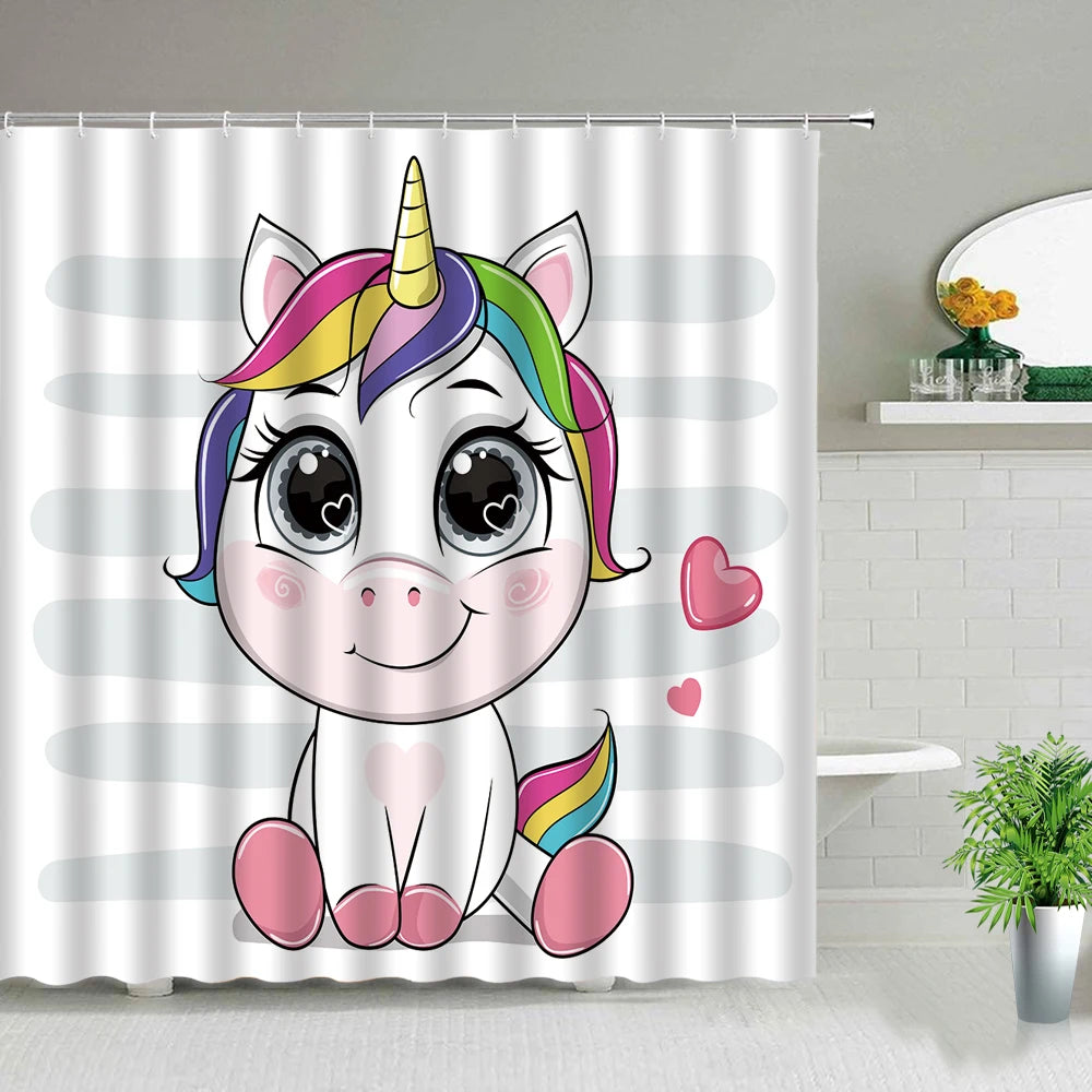 Creative Cartoon Unicorn Pink Girl Cute Shower Curtain Windproof Bathroom Layout Home Decoration with 12 Hooks Bath Curtain