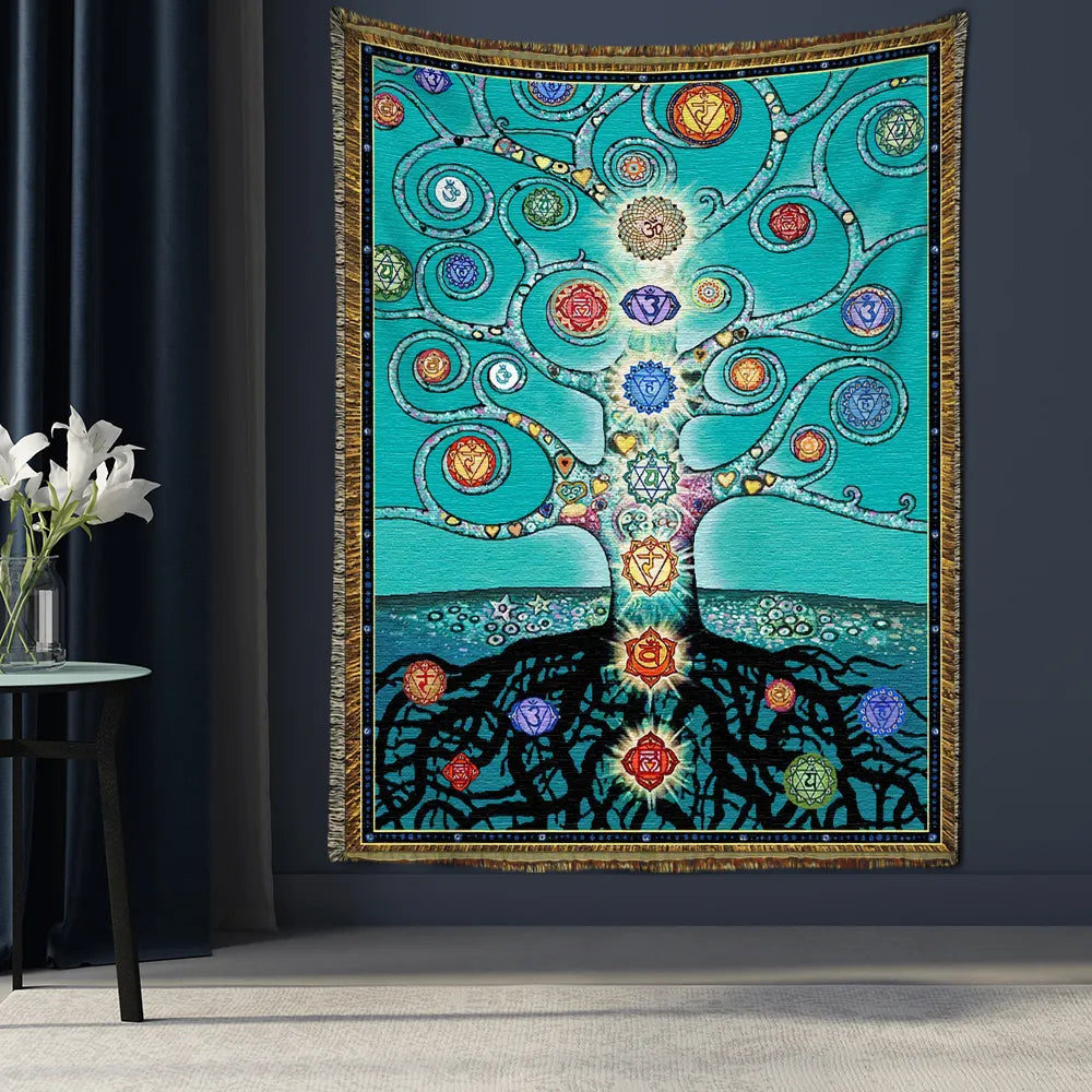 Tapiz artístico del árbol de la vida para el hogar, Sábana de cama de matrimonio Hippie, colgante de pared, arte psicodélico, decoración de habitación Bohemia