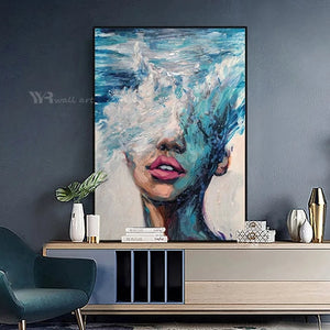 Beautiful Blue Ocean Girl Wall Picture Interior Decor Handmade Acrylic Oil Painting On Canvas Artwork Hanging Poster For Room