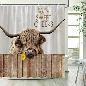 Tende da doccia per bovini delle Highland, staccionata in legno, fattoria rustica, set di tende da bagno con mucca marrone, in tessuto di poliestere, con ganci