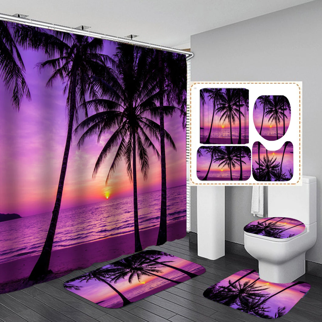 Cortinas de ducha impermeables con árbol de coco y playa al atardecer en 3D, juegos de baño de poliéster púrpura, cubierta de tapa de inodoro, alfombra de baño antideslizante