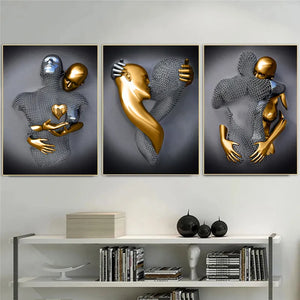 Black and Gold Love Heart Figure Statue Canvas Painting Modern Art Posters and Prints Wall Pictures for Living Room Home Decor