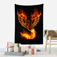 Cargar imagen en el visor de la galería, Tapiz de Fénix de fuego para colgar en la pared, decoración de habitación, arte de pájaro volador con llamas, tapiz estético de tela grande, decoración para dormitorio y hogar