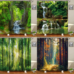 Moderner 3D-Druck Wald-Duschvorhang, grüne Pflanze, Baum, Landschaft, Badvorhang mit Haken für Badezimmer, wasserdichte Landschaft