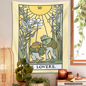 Psychedelischer Frosch-Tarot-Wandteppich, Wandbehang, die Liebende, Sonnenblume, ästhetische Wandteppiche, botanische Hippie-Heimdekoration, Wandtuch