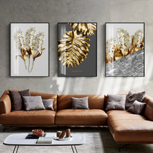 Carica l&#39;immagine nel visualizzatore della Galleria, Nordic Golden abstract leaf fiore Wall Art Canvas Painting Piume bianche nere Stampa poster Immagine da parete per la decorazione del soggiorno