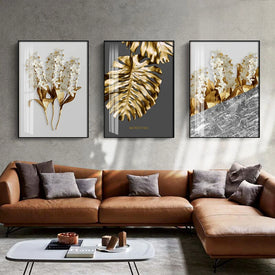 Nordic Golden abstract leaf fiore Wall Art Canvas Painting Piume bianche nere Stampa poster Immagine da parete per la decorazione del soggiorno