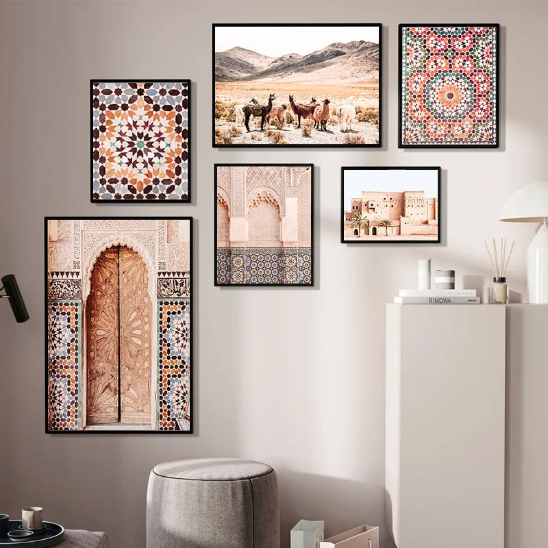 Arte de pared marroquí, lienzo impreso, cartel de arquitectura de Marrakech, decoración de pared Bohemia, arte de terracota, imagen decorativa, pintura para el hogar