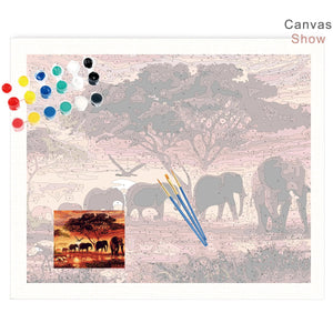 CHENISTORY Tramonto Elefanti Animali Pittura fai-da-te con i numeri Moderna Arte della parete Dipinta a mano Immagine in acrilico per la decorazione domestica 40x50 cm