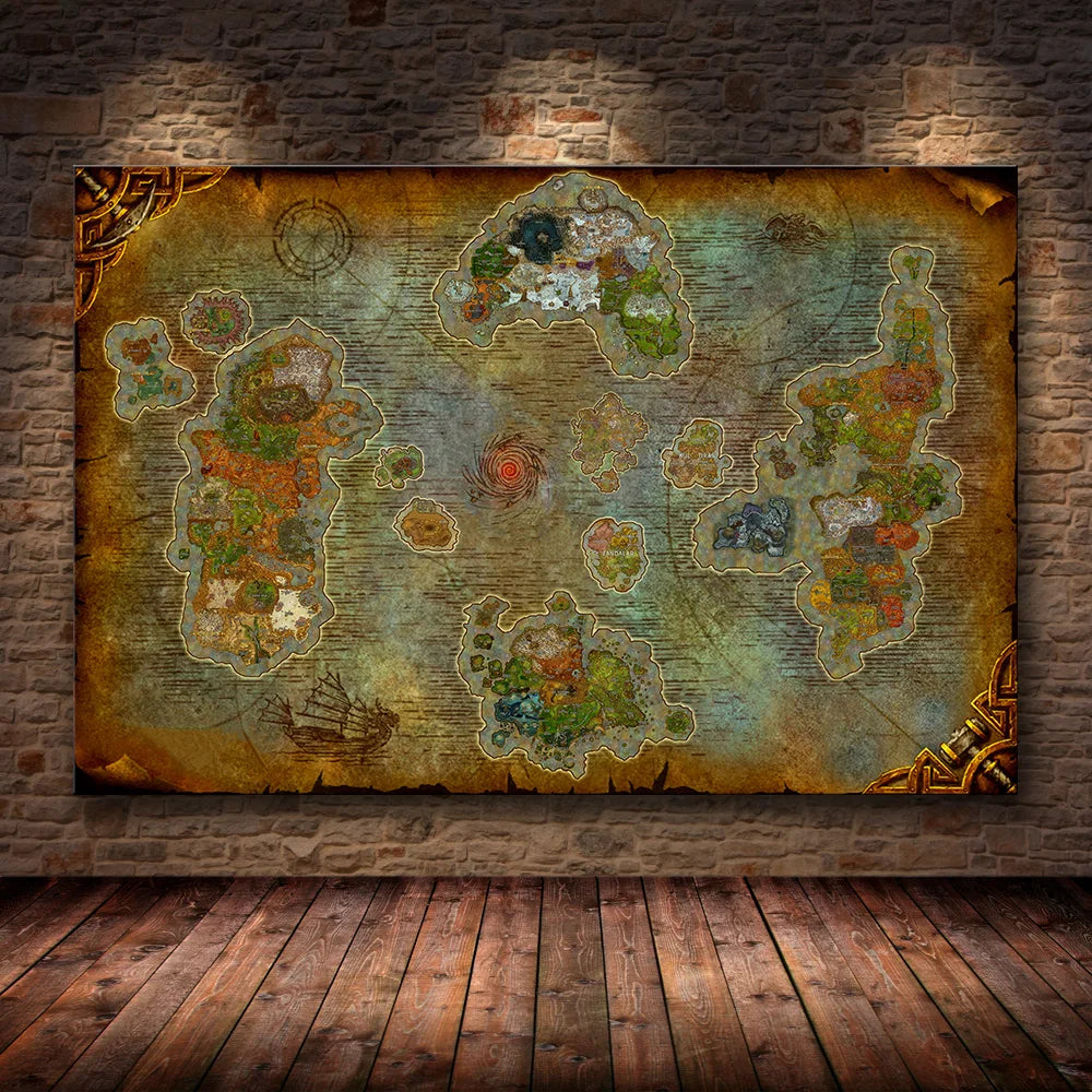Sin marco, decoración de carteles, pintura de World of Warcraft 8,0, mapa en lienzo HD, pintura en lienzo, arte de pared