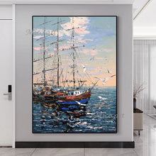 Laden Sie das Bild in den Galerie-Viewer, Abstrakte Küstenlandschaft, schwer strukturiert, dickes Ölgemälde, Segelboot, Schiff, Kunst, handgemalt, ungerahmt, Meereslandschaft, Wand-Leinwandkunst