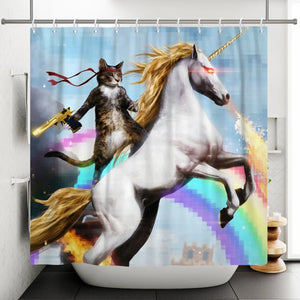 Cortina de ducha divertida Hero Great White Unicorn con Gun Cat para decoración de baño, cortinas de baño con estampado 3D impermeables con ganchos