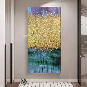Arthyx Hand Made Abstract Golden Tree Flowers Oil Painting On Canvas,Large Wall Art,Pictures For Entry & MudRoom,Home Decoration