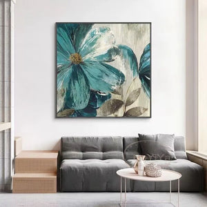 Nordic Modern Abstract Large Blue Flowers Pure Handmade Oil Painting For Home Decoration  Bedroom  Dining Room Living Room Mural