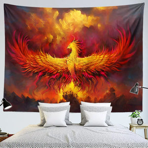 Arazzo da parete con fenice di fuoco, decorazione per la stanza, decorazione per la camera da letto, con uccelli volanti, fiamma, arte, grande tessuto, estetico, camera da letto, Dormi, decorazione per la casa