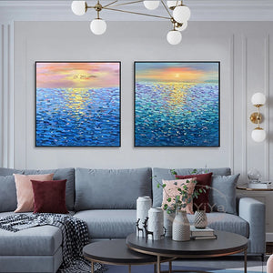 Blue Sea Sunset   Handmade Oil Painting  Abstract  Painting Home  Decoration  For  Bedroom Restaurant Living Room Mural Painting