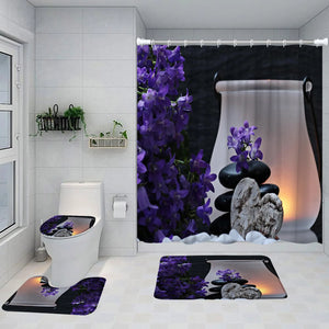 Ensemble de rideaux de douche Zen, orchidée violette, pierre noire, bambou vert, paysage de jardin, décor de salle de bains, tapis antidérapant, couverture de toilette