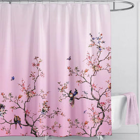 Pink Shower Curtain Liner Floral Bird Butterfly Print Fabric Shower Curtain For Bathtub Bathroom Decor Waterproof Bath Curtain
